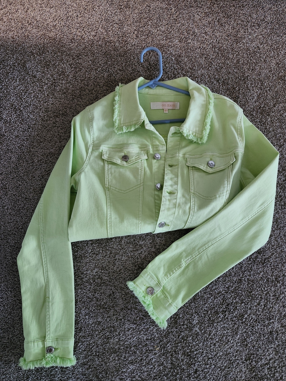 Neon Lime Cropped Fringe Collar Denim Jacket Size Small